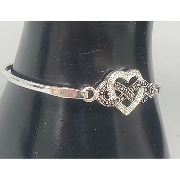 Sterling Silver Cubic Zirconia & Marcasite Heart Infinity Bracelet Tension Hook - Picture 2 of 15